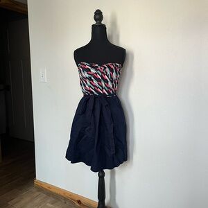 Maeve Anthropologie Midi Strapless Dress with Navy and Pink Chevron Top Belted